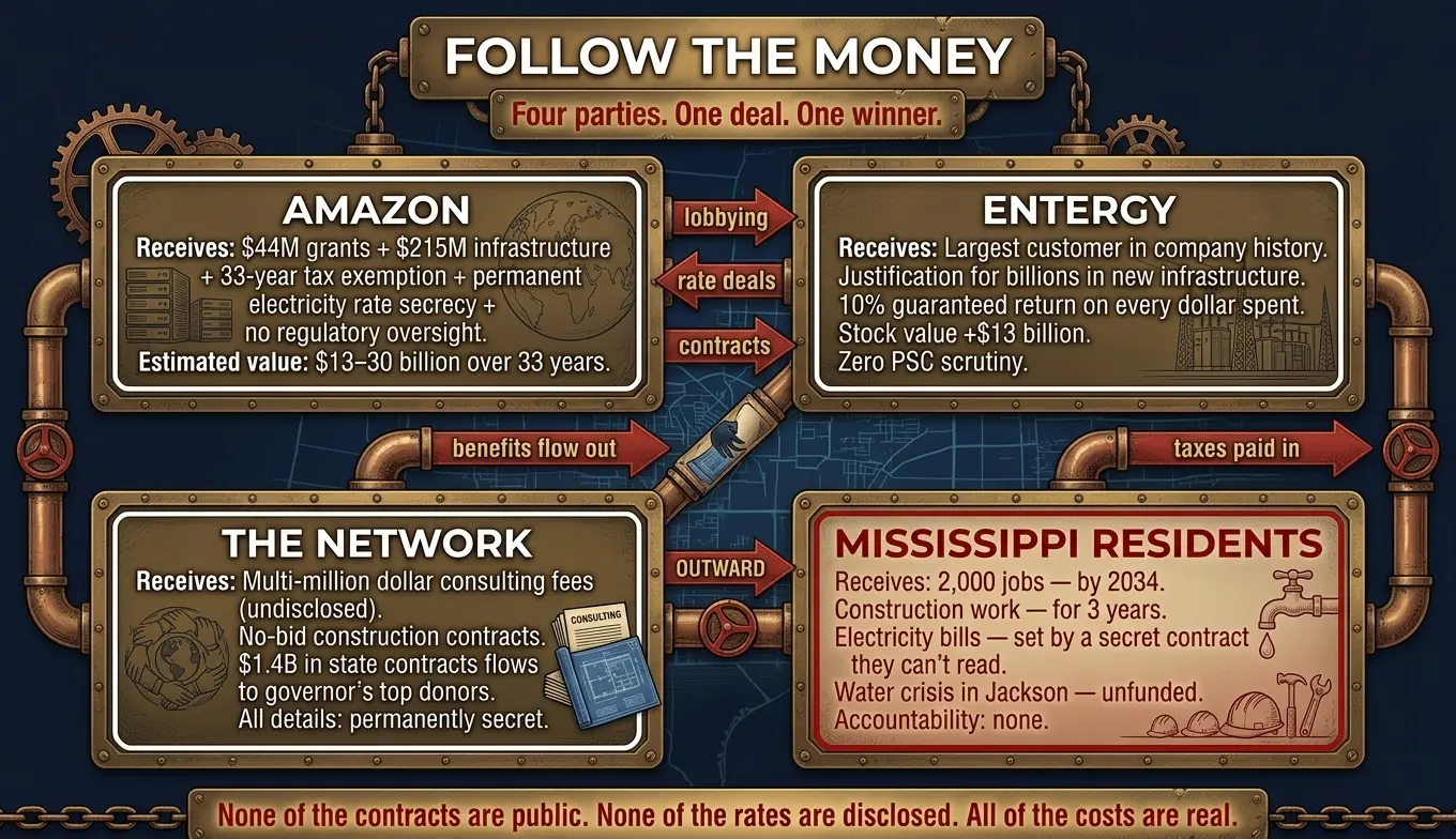 Flow chart: Where the money goes in the Amazon Mississippi deal — Amazon, Entergy, the network, and Mississippi residents