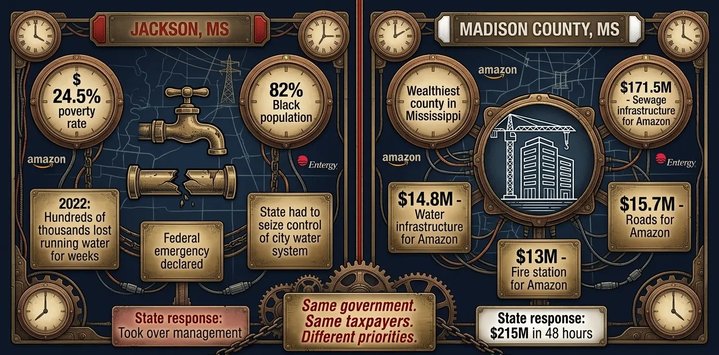 Infographic comparing Jackson water crisis funding vs. Amazon Madison County infrastructure investment