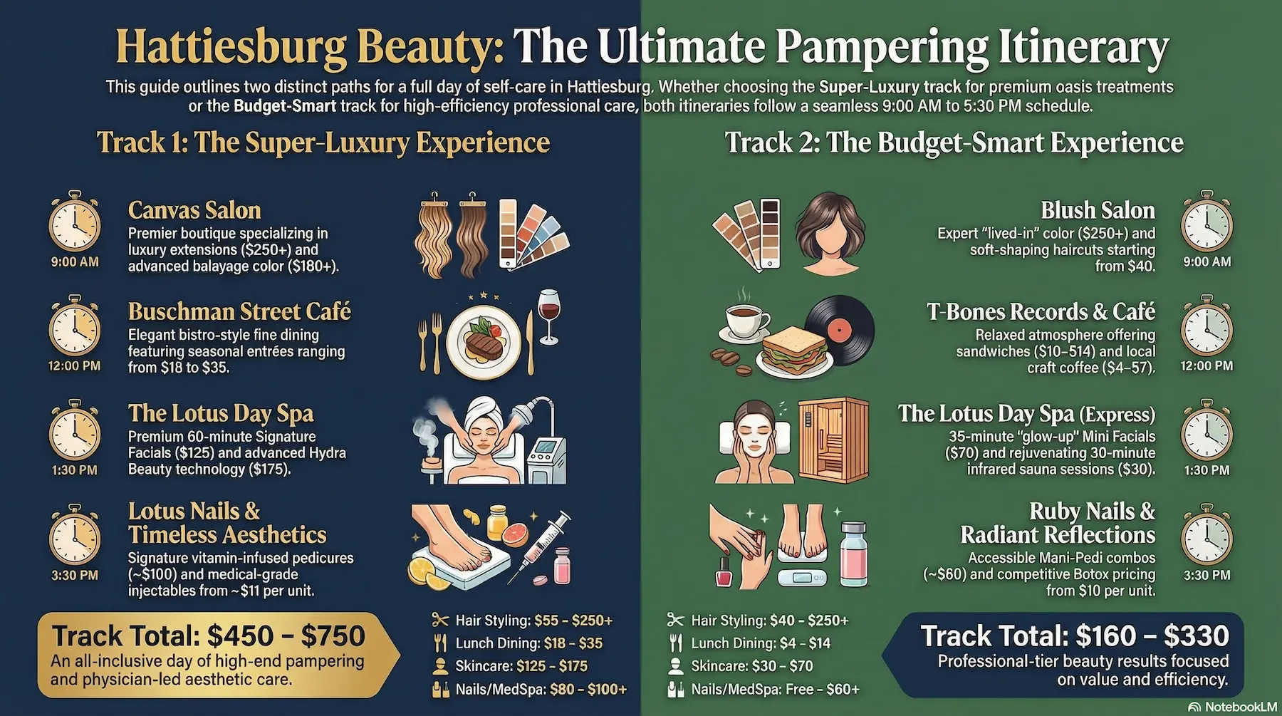 Infographic: Your Perfect Beauty Day in Hattiesburg — side-by-side luxury vs. budget itinerary with times, locations, and estimated costs