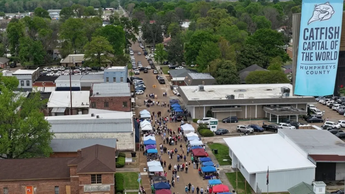 Arts and crafts vendor booths lining the streets of downtown Belzoni during the World Catfish Festival