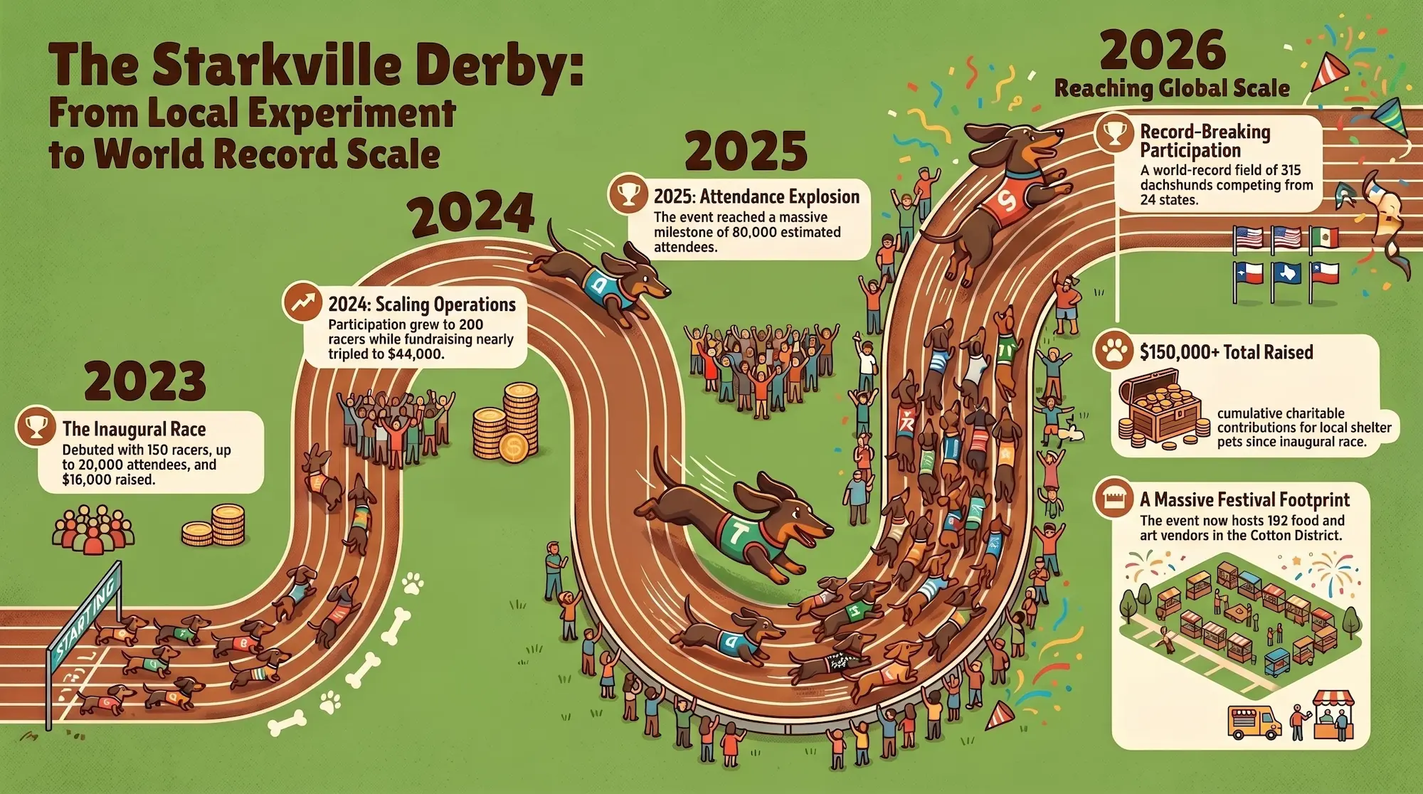 Chart showing the growth of the Starkville Derby from 2023 to 2026 — racers, attendance, funds raised, and vendors | MississippiLead