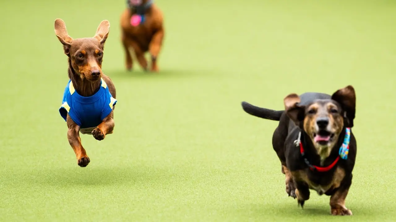 Dachshunds racing down University Drive at the Starkville Derby — the world's largest charity wiener dog race in Starkville, Mississippi | MississippiLead