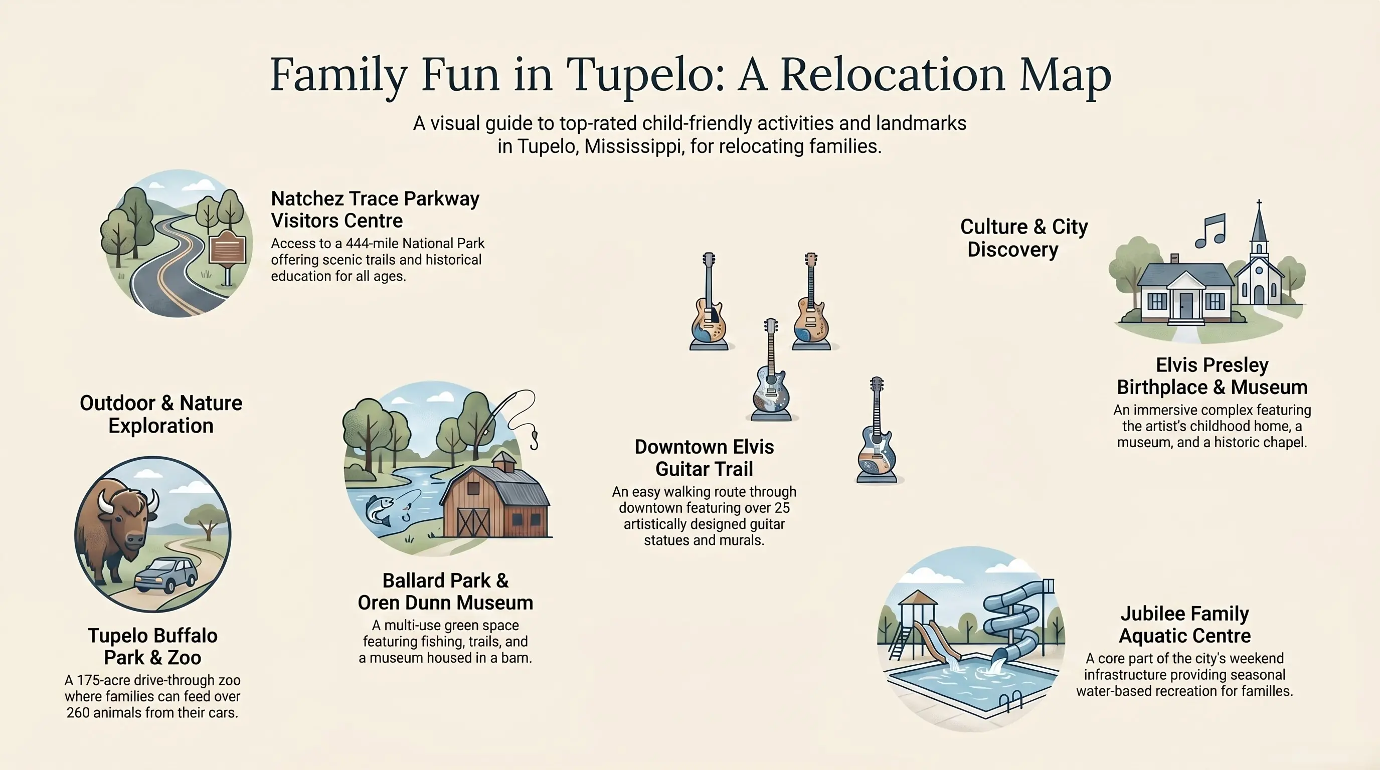 Map of family-friendly activities in Tupelo, MS — parks, museums, and attractions for kids