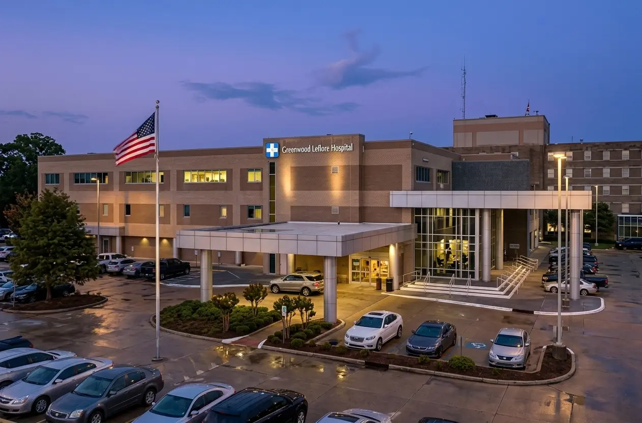 Greenwood Leflore Hospital exterior, April 2026