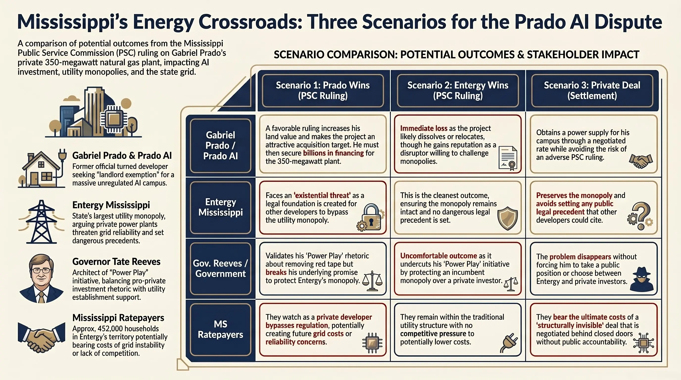 Infographic: Three Scenarios — Who Wins, Who Loses, and What Mississippi Ratepayers Get in Each | MississippiLead